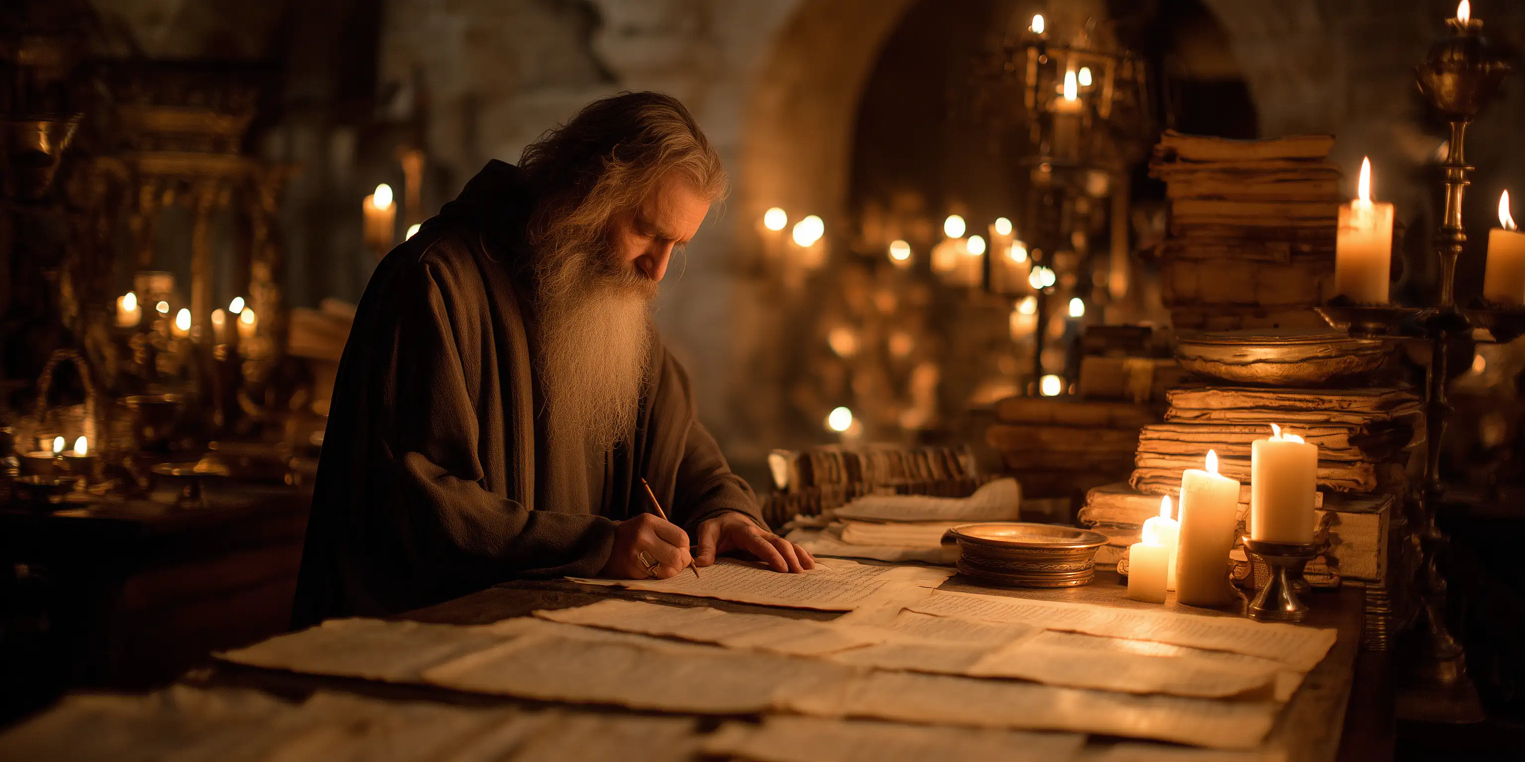 Medieval monks manually copying manuscripts, representing early knowledge silos.