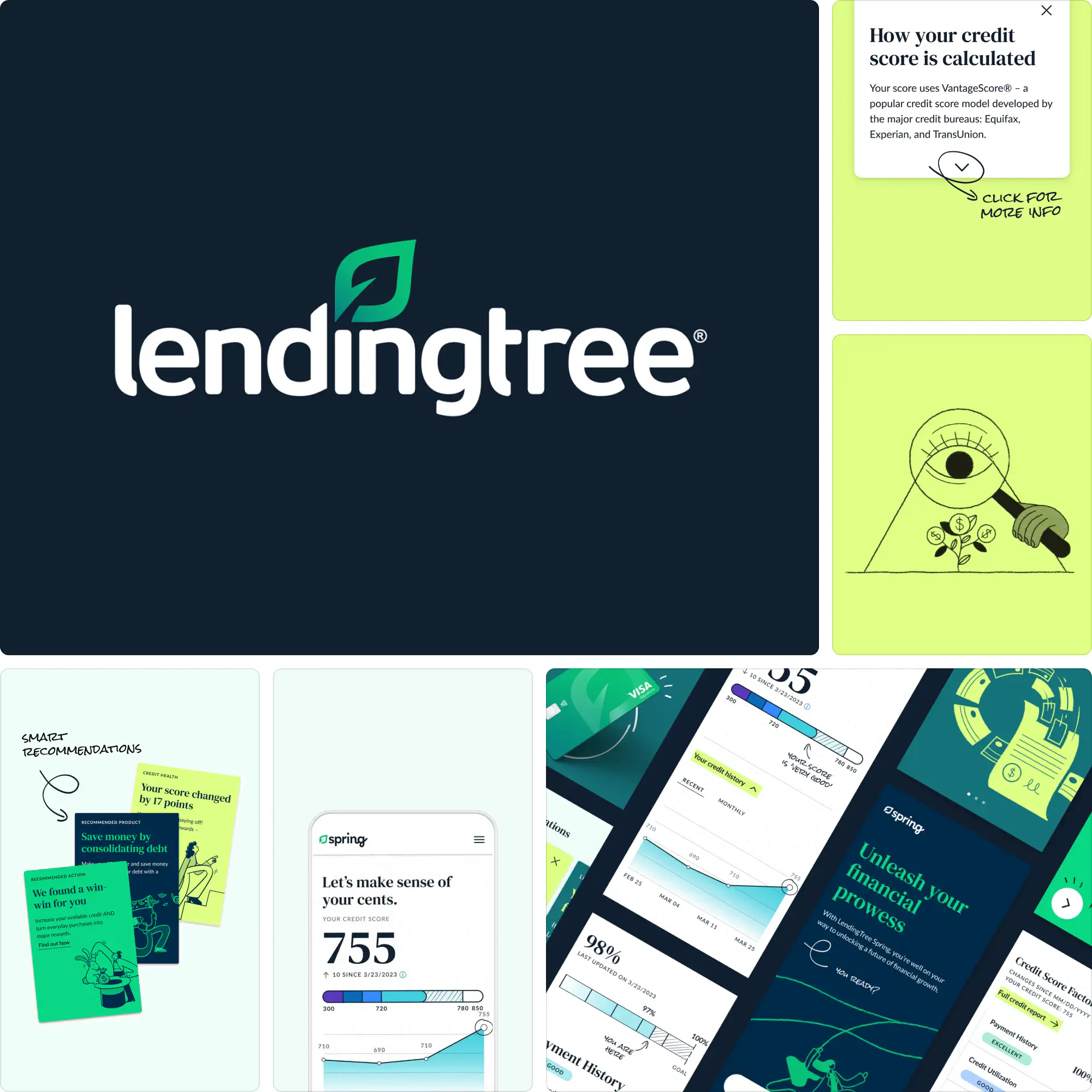 LendingTree branding designed by Lippincott with a modernized tree icon, clean typography, and a welcoming green color scheme across digital platforms.