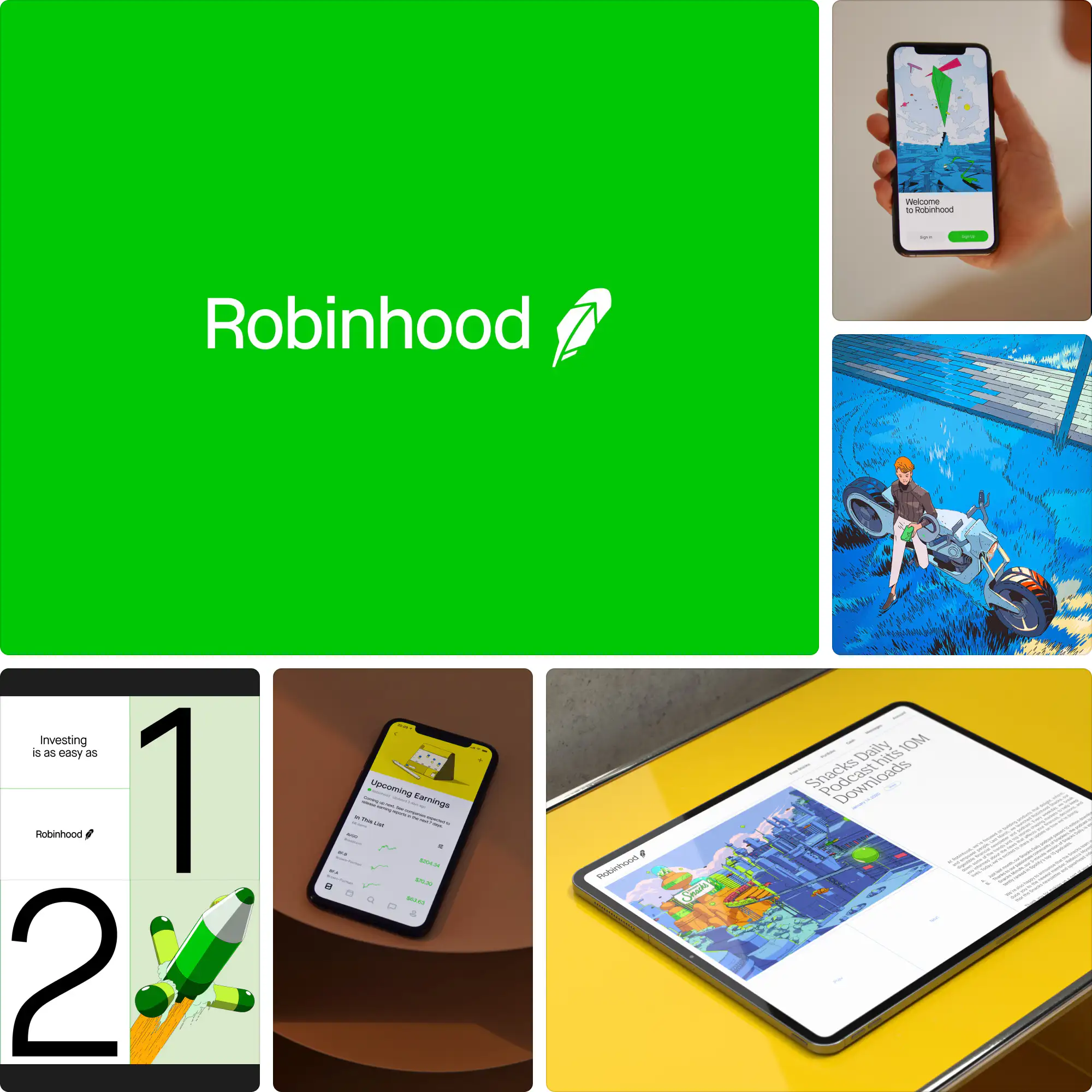 Robinhood branding designed by Collins with a streamlined feather icon, bold green palette, and confident digital-first identity.