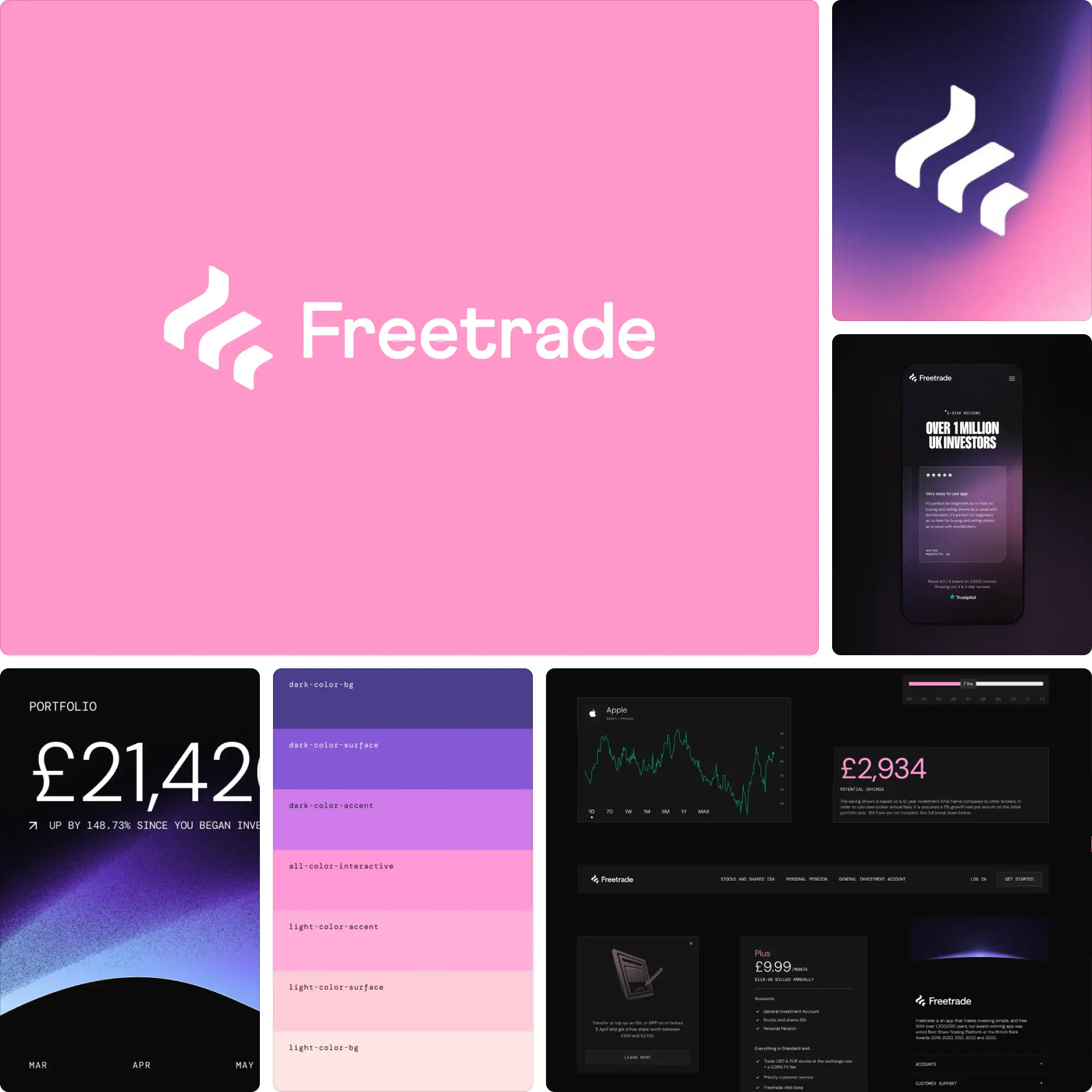Freetrade branding by Koto featuring vibrant pink palette, curved logo shapes, and modern digital applications aimed at millennial investors.