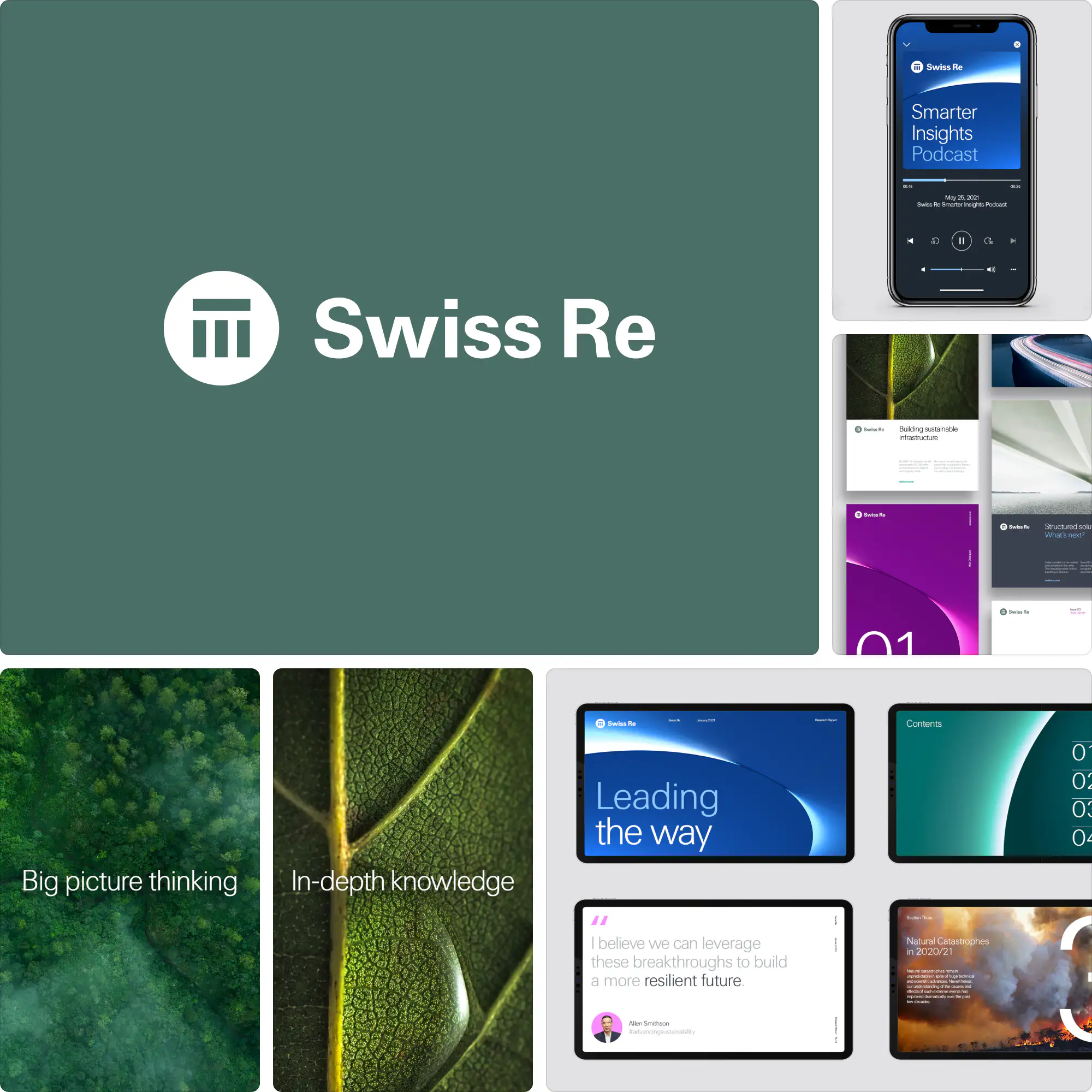 Swiss Re branding by Prophet featuring simplified logotype, teal color scheme, and clean corporate identity across print and digital.
