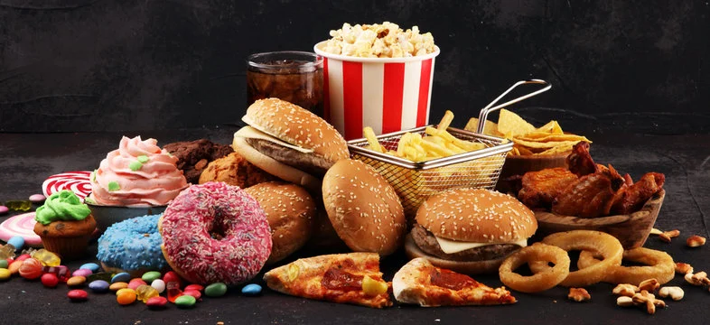 An assorment of highly refined and processed junk food.