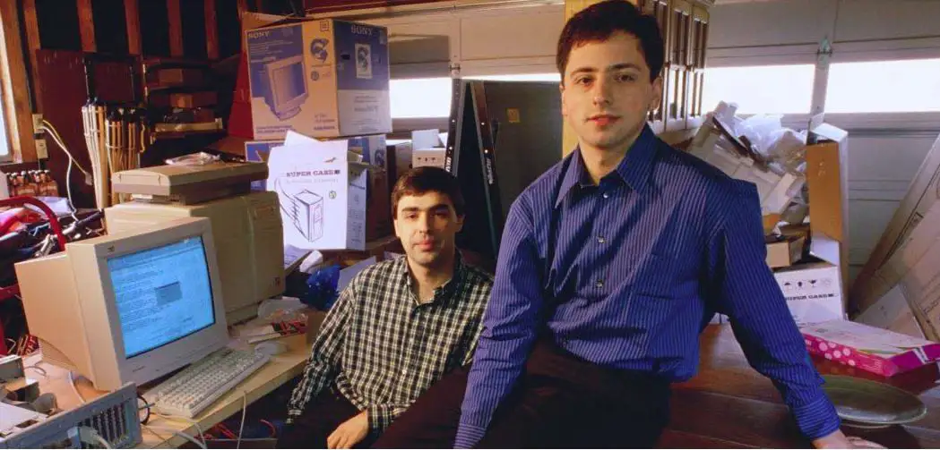 Early photo of Google founders Larry Page and Sergey Brin or Google’s first logo, representing a high-risk investment that delivered massive returns.