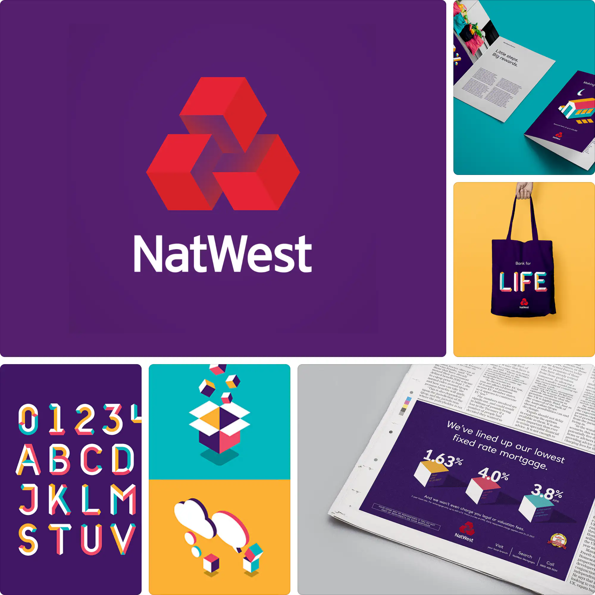 NatWest branding created by FutureBrand with a 3D cube logo, deep purple color scheme, and bold geometric design across digital and print.