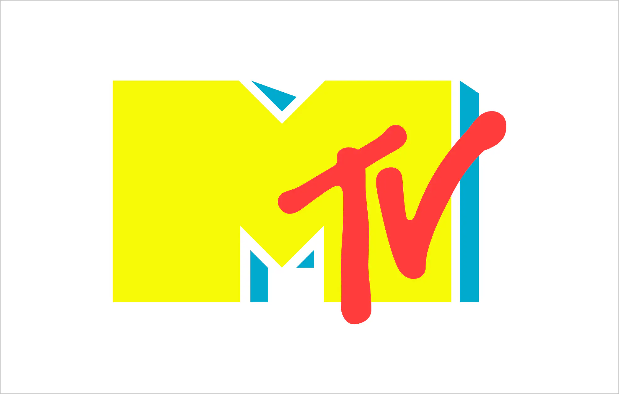 2021 MTV logo with bright yellow background, red graffiti-style “TV” and cyan 3D shadowing on block “M”.