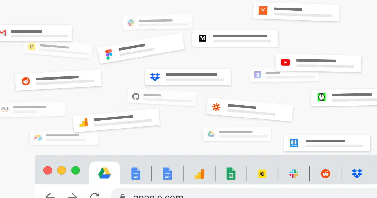 Overwhelming browser tabs and online tools scattered across the screen, showing digital information overload and context switching.