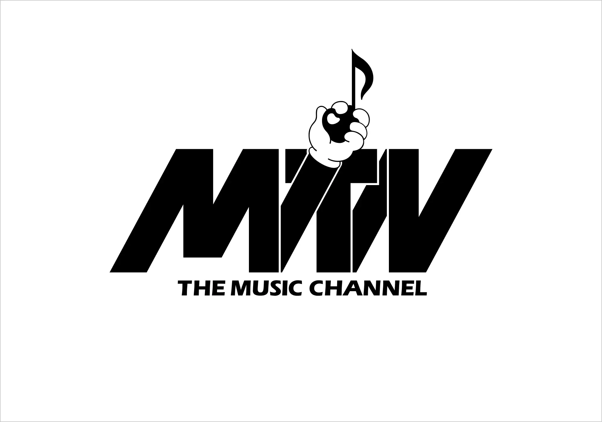 Logo for The Music Channel in 1980 with thick “MTV”-like text and a cartoon hand raising a musical note.