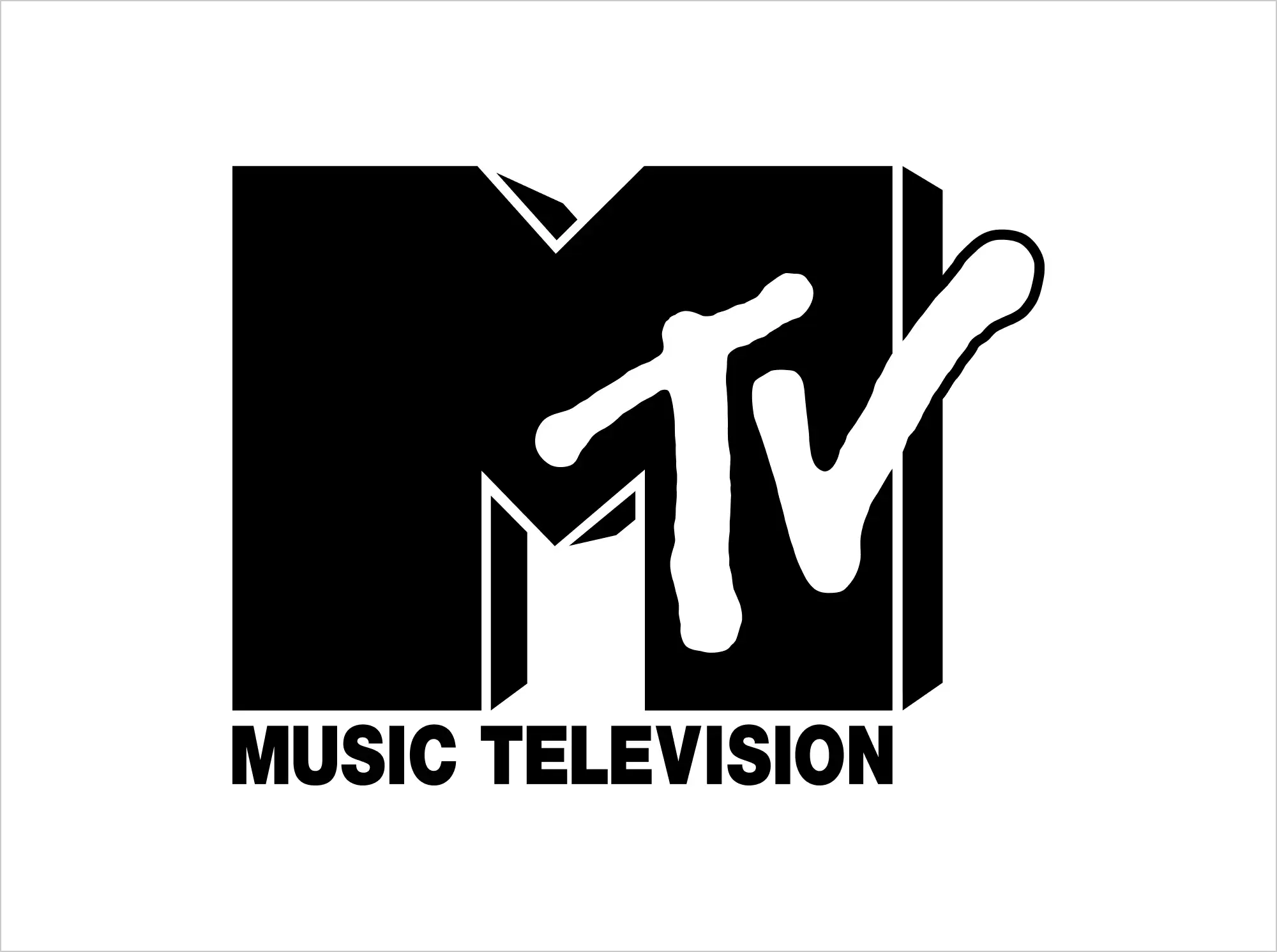 MTV 1994 logo in black and white with solid block “M” and white graffiti “TV,” text “Music Television” below.