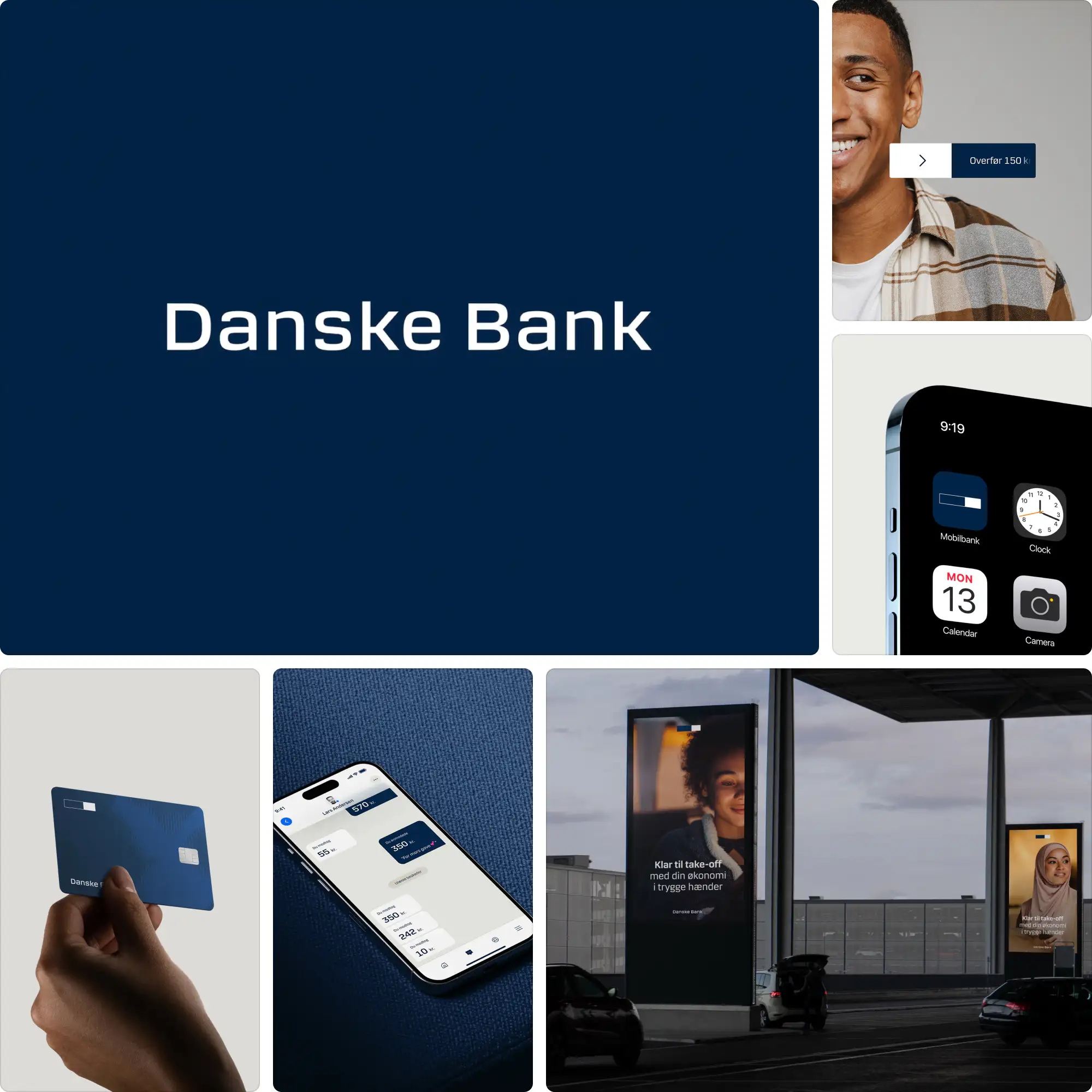 Danske Bank branding by Kontrapunkt featuring updated wordmark, structured blue palette, and cohesive design system for global consistency.