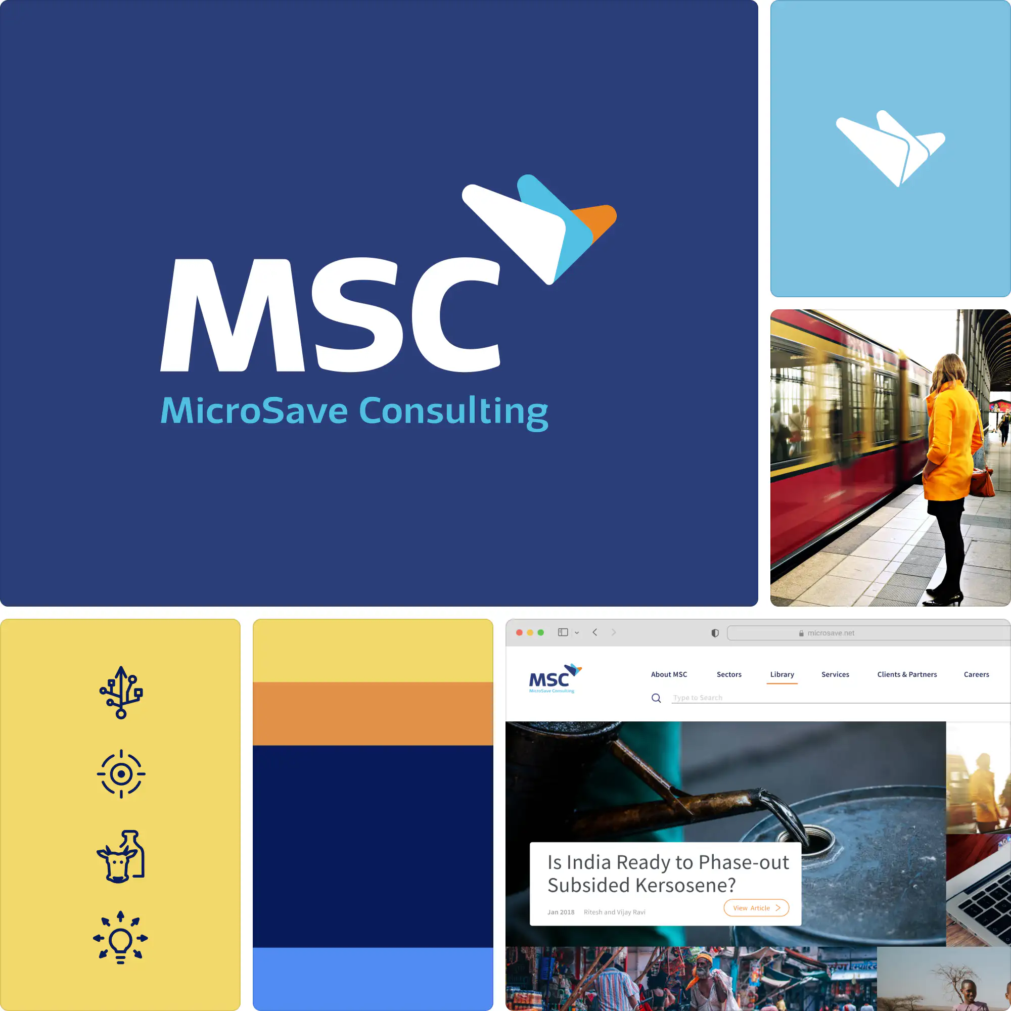 MicroSave Consulting branding by Sparklin featuring MSC logo with abstract bird symbol, blue and orange palette, custom icons, website design, and lifestyle imagery.