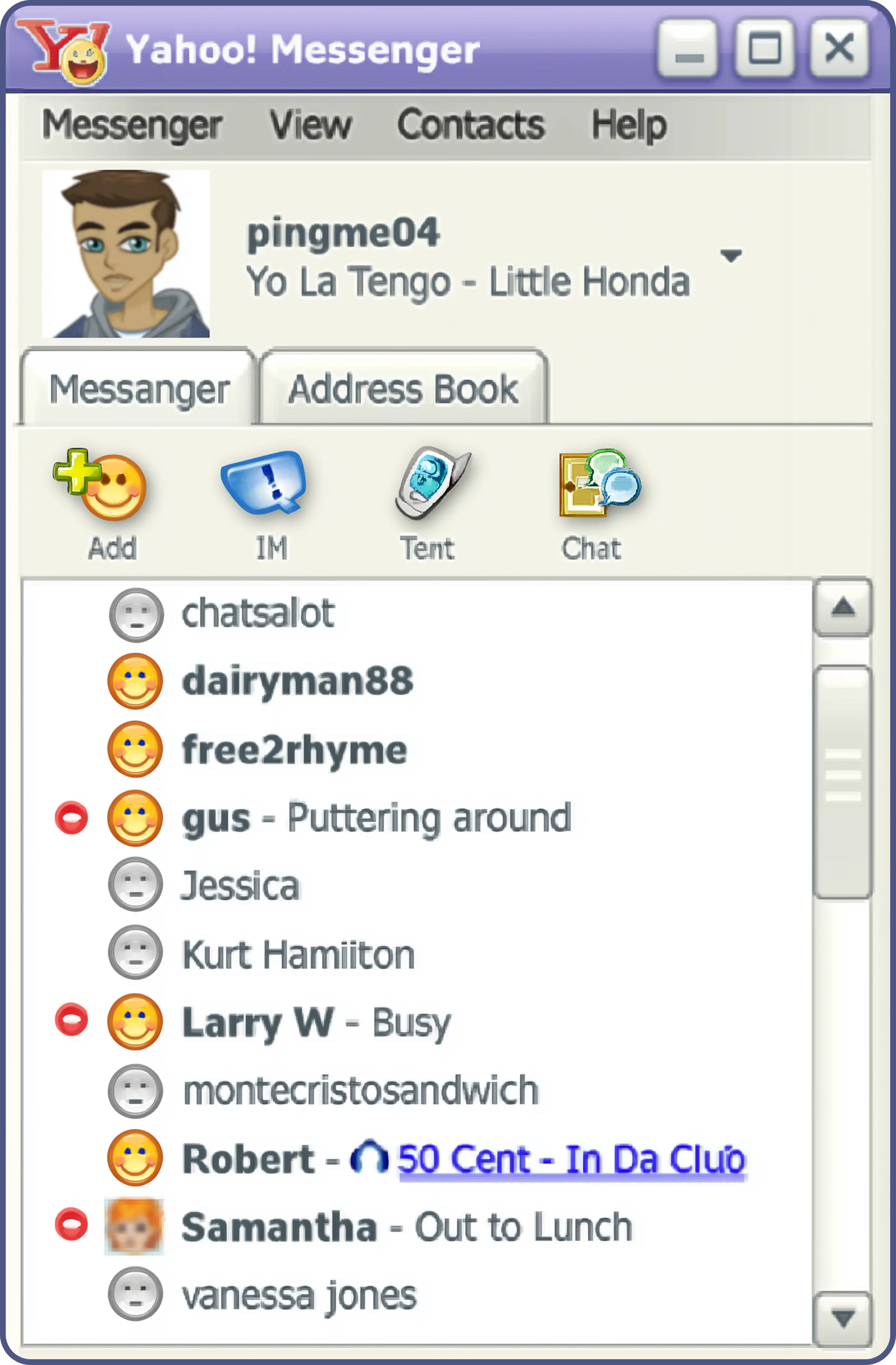 Screenshot of a classic Yahoo Messenger contact list from the 2000s, showing user statuses and away messages, representing the slower, more human rhythm of early online friendships.