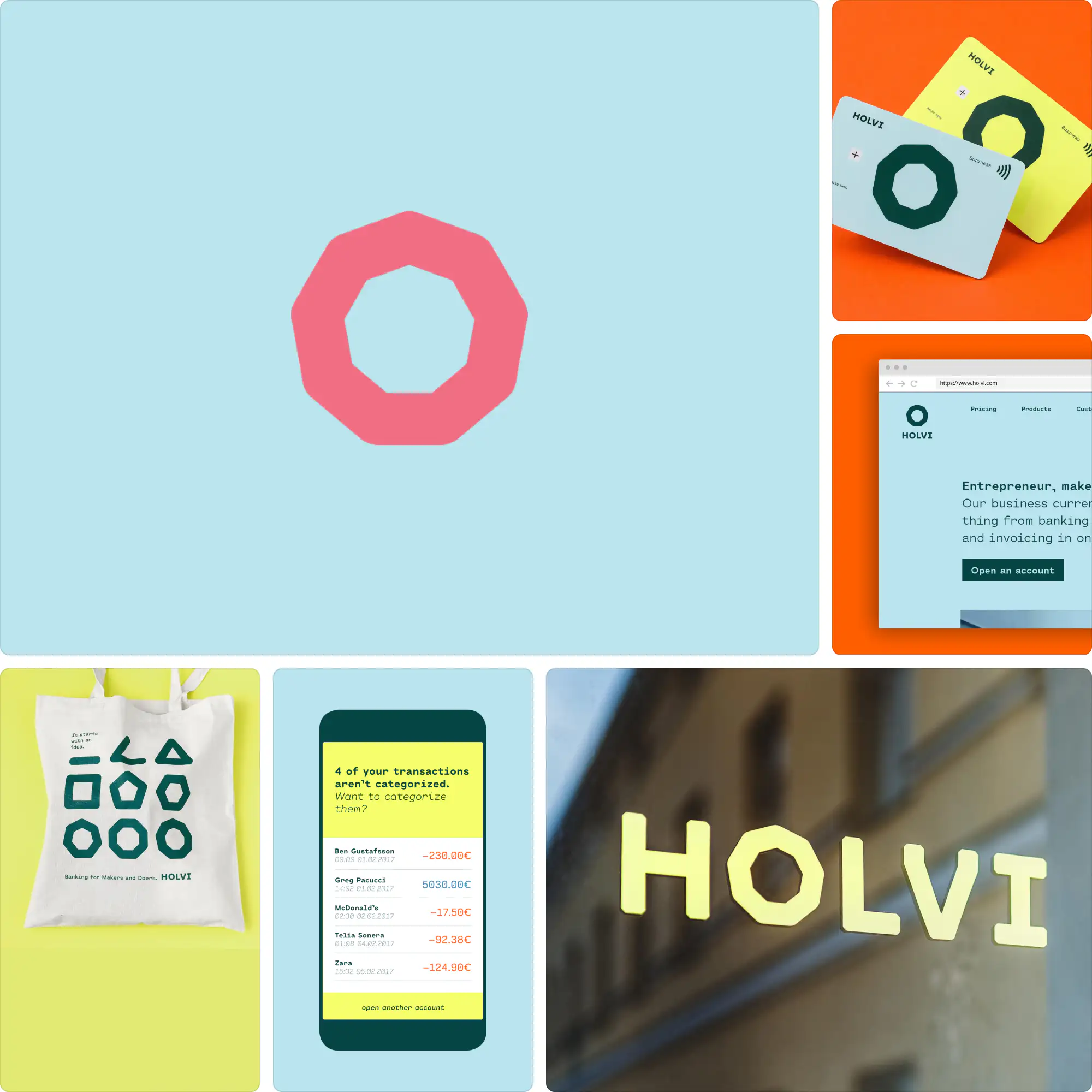 Holvi branding by Werklig featuring hand-drawn graphics, organic color palette, and approachable digital identity for small businesses.