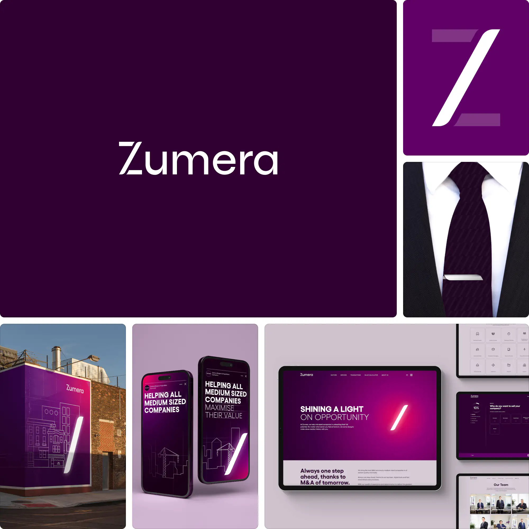 Zumera branding by Someone with geometric shapes, bold contrasting color palette, and modern digital-first identity design.