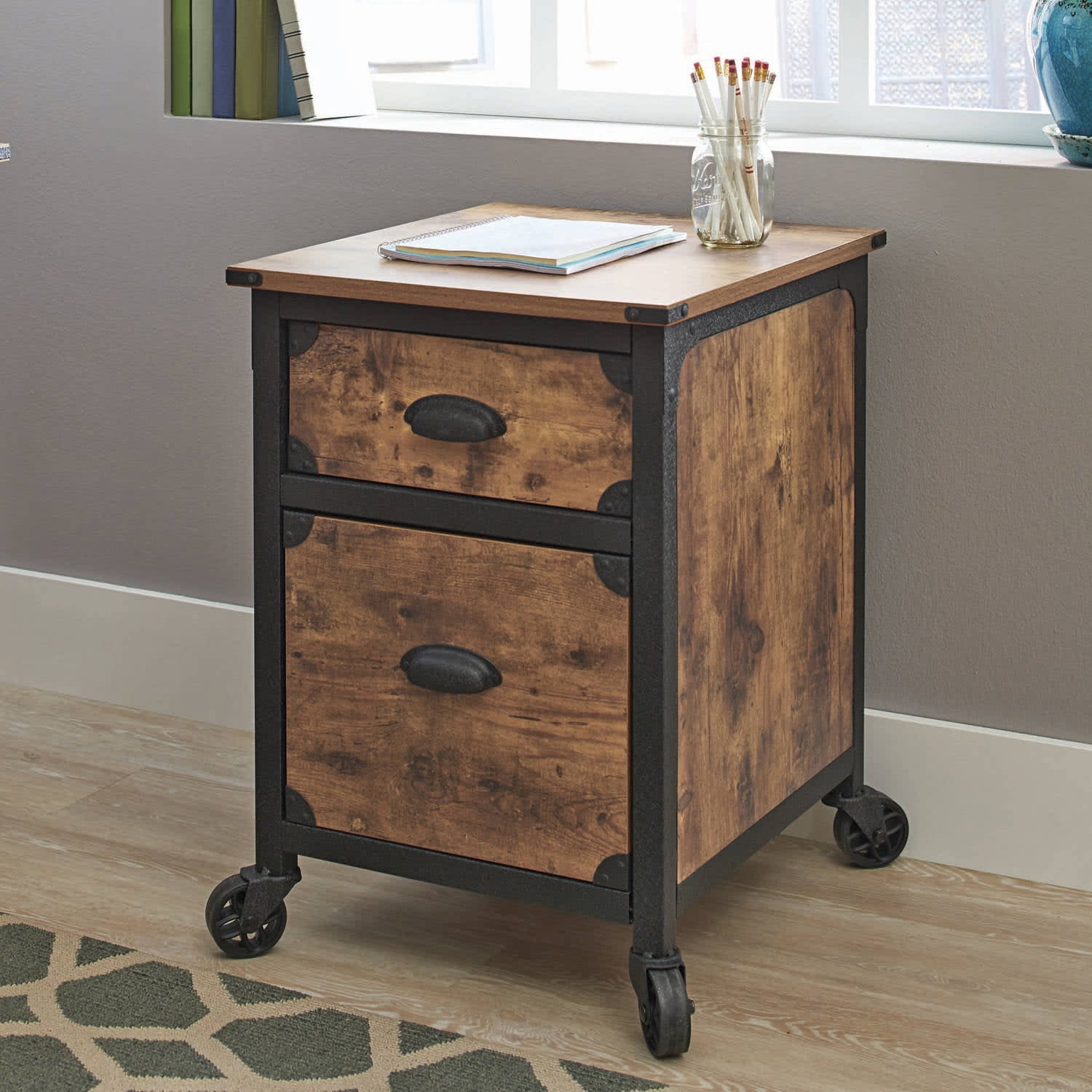 Industrial Rustic Wood Black Metal 2 Drawer File Filing Table
