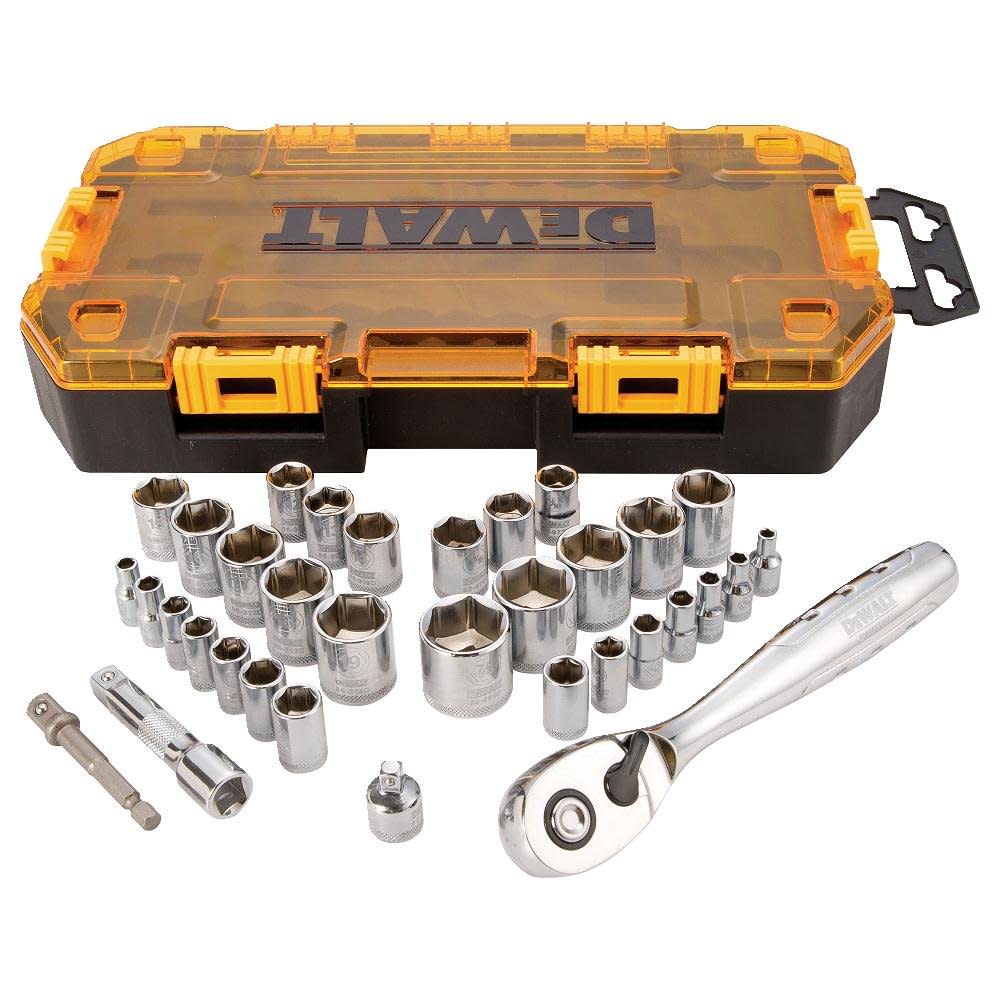 Mechanics Tool Drive Socket Set Kit Case Ratchet Box Dewalt 34 PCs 1/4