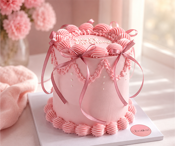 Kue ulang tahun pink dengan hiasan pita - contoh birthday cake custom dari Upcake Rantepao