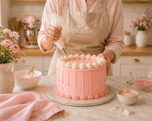 Tangan pastry chef sedang menghias kue di dapur Upcake Rantepao