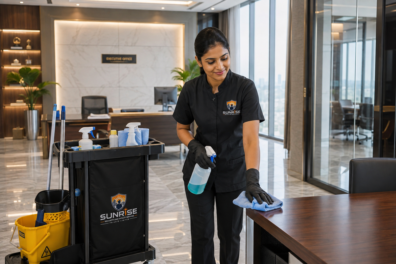 Housekeeping professional cleaning an office