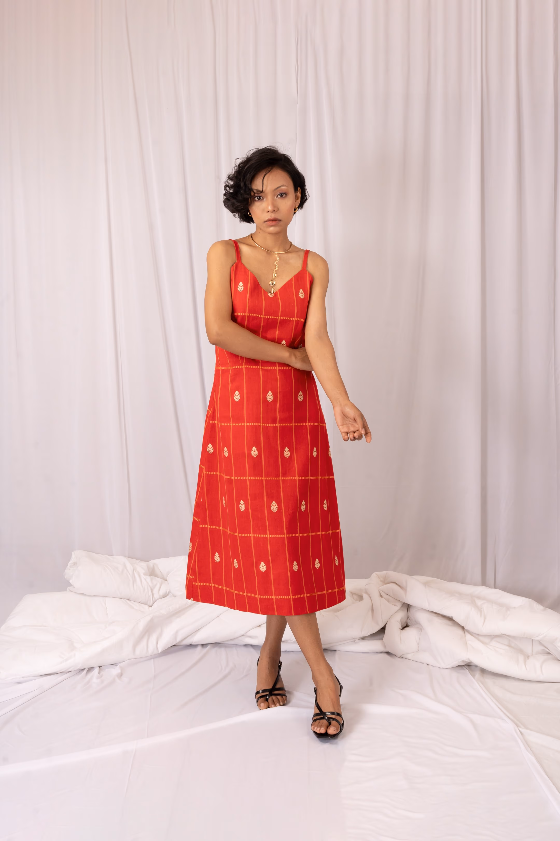 Kupahi A-LINE DRESS (কুপাহি) Red Mercerized Cotton Dress thumbnail 2