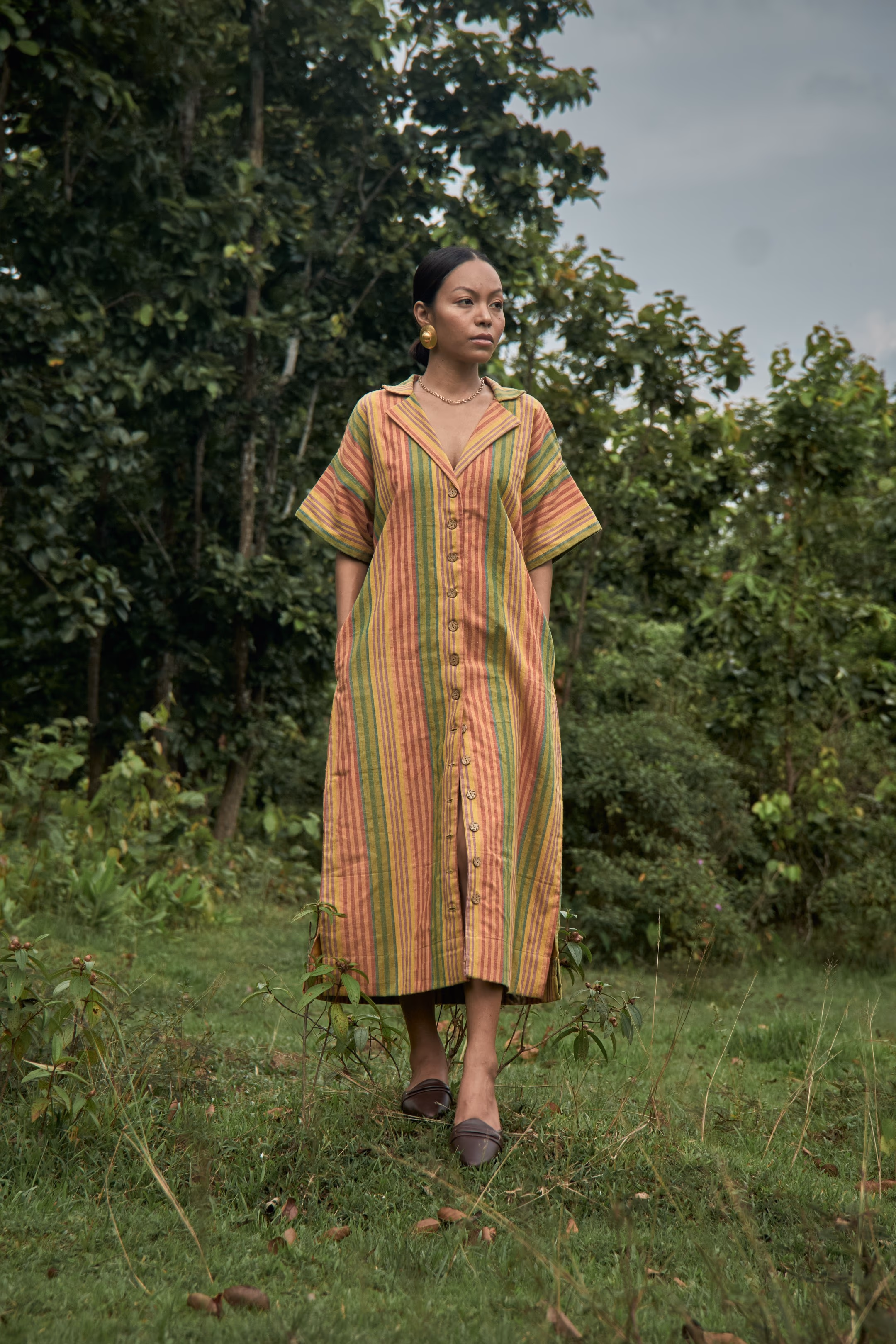 Striped Multicolored Shirt Dress Multicolor Handwoven Cotton Dress thumbnail 1