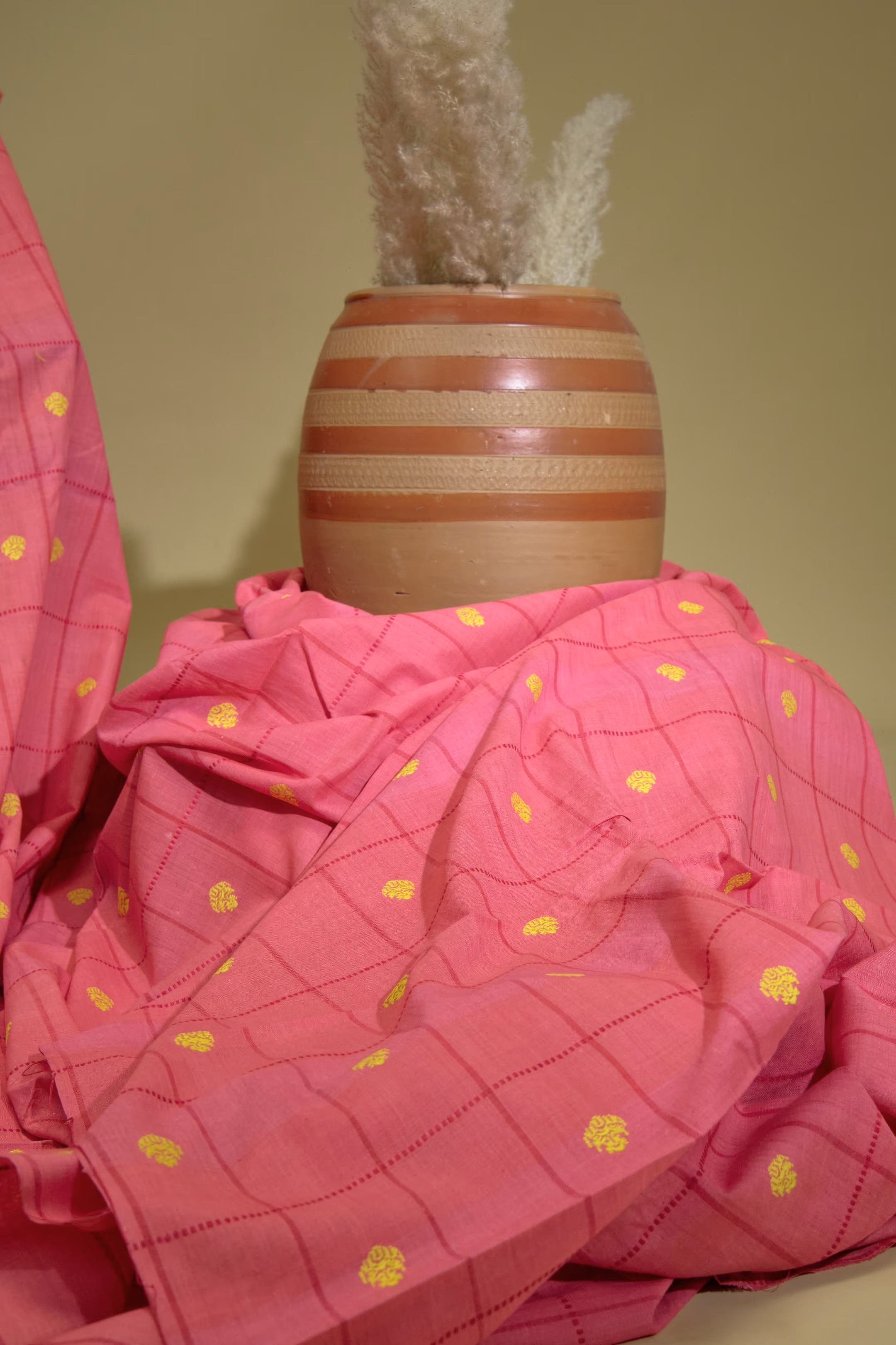 Mercerized Cotton Junbiri Gari Checkered Fabric Pink thumbnail 1