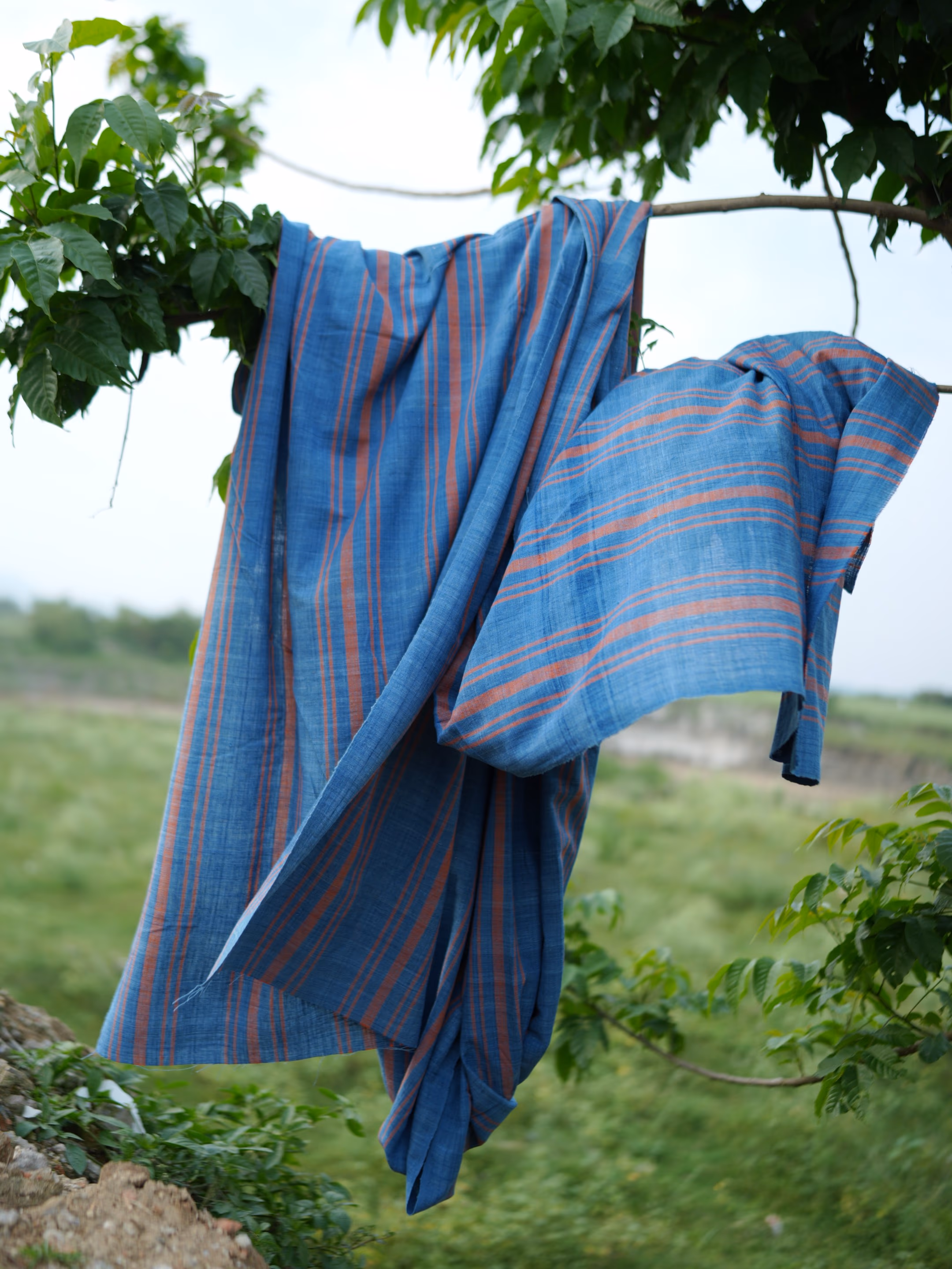 Dark Blue Striped Fabric – Indigo Dyed Handwoven Textile thumbnail 2
