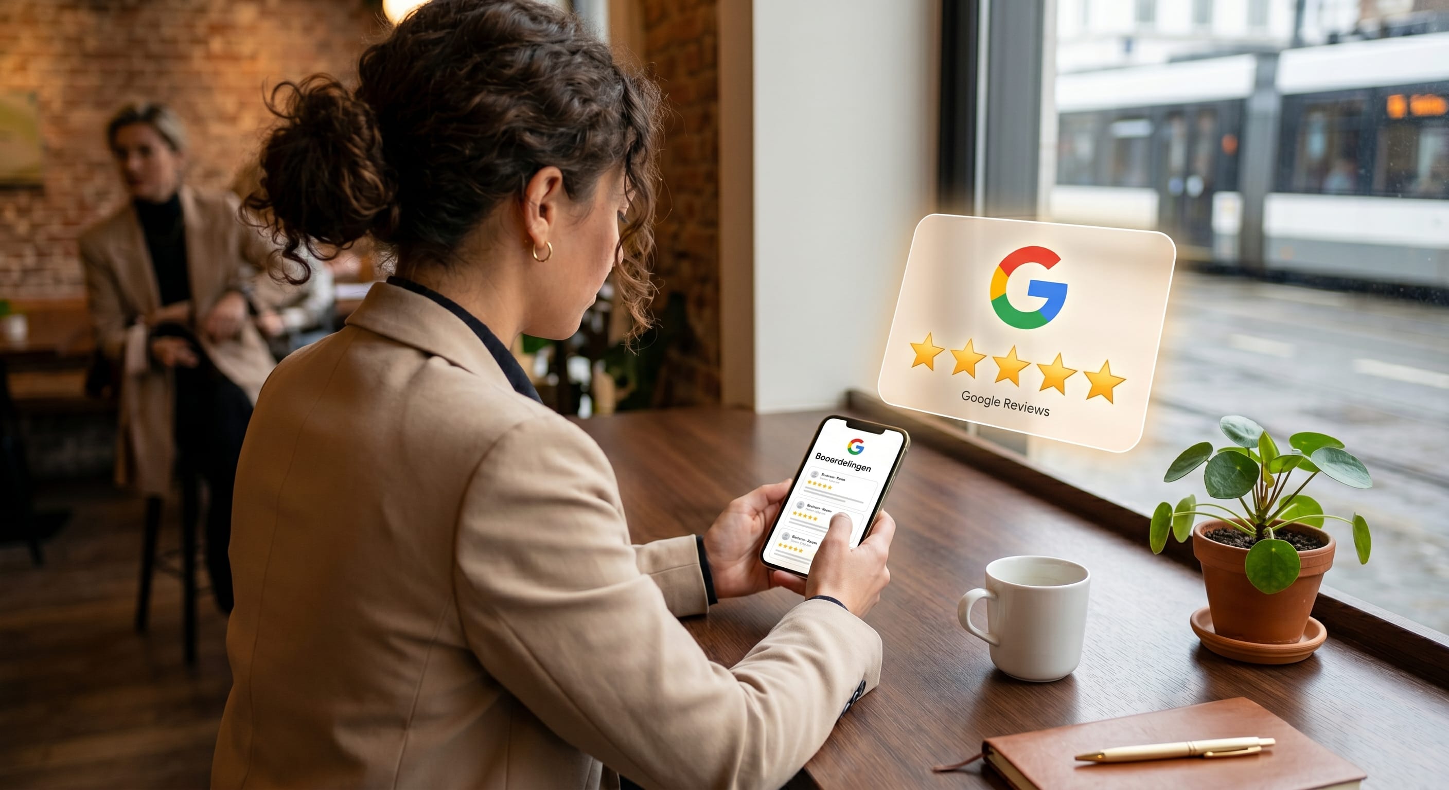 Een zakelijke vrouw in een café die op haar smartphone op Google reviews reageert, met een zwevende 5-sterren Google overlay naast haar.