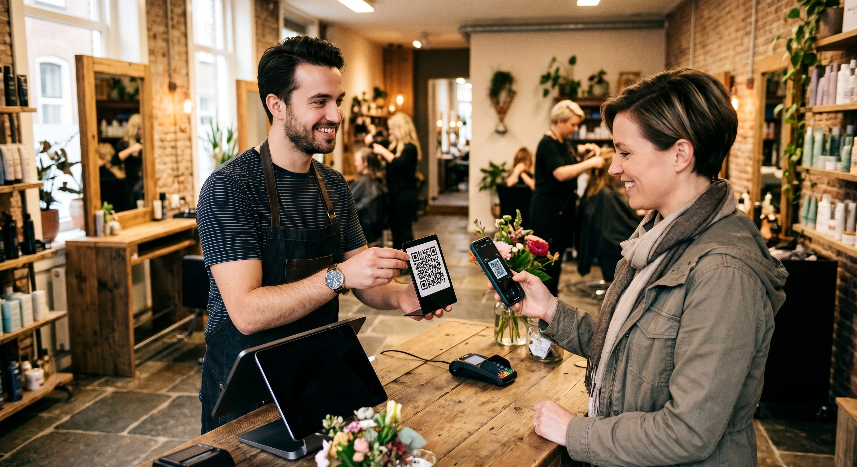 Een kapper die een klant aan de kassa een QR-code toont om een Google-review achter te laten