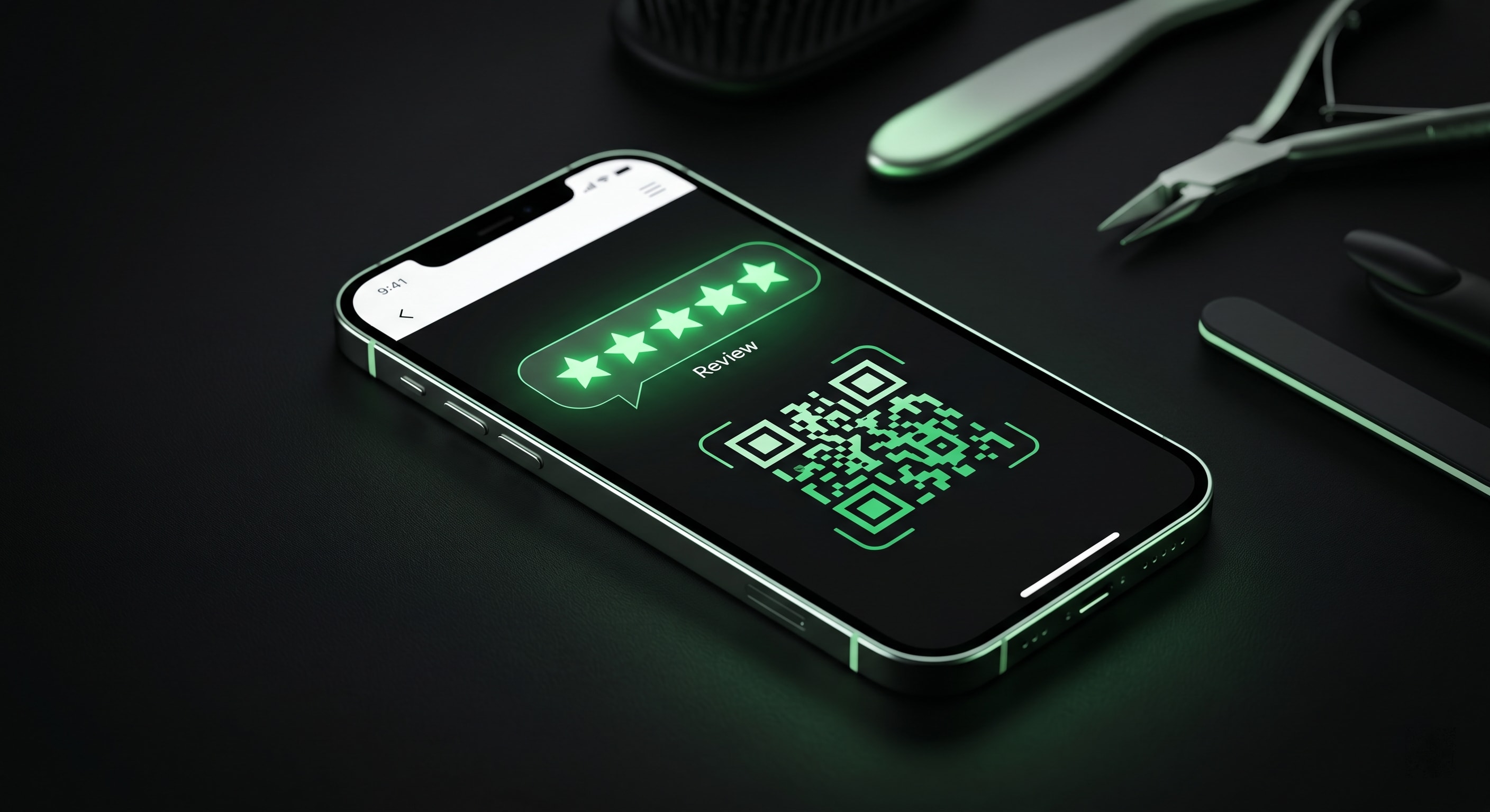 een gsm met review sterren en een QR code om je klanten automatisch op te volgen als kapper of nagelstytiste.