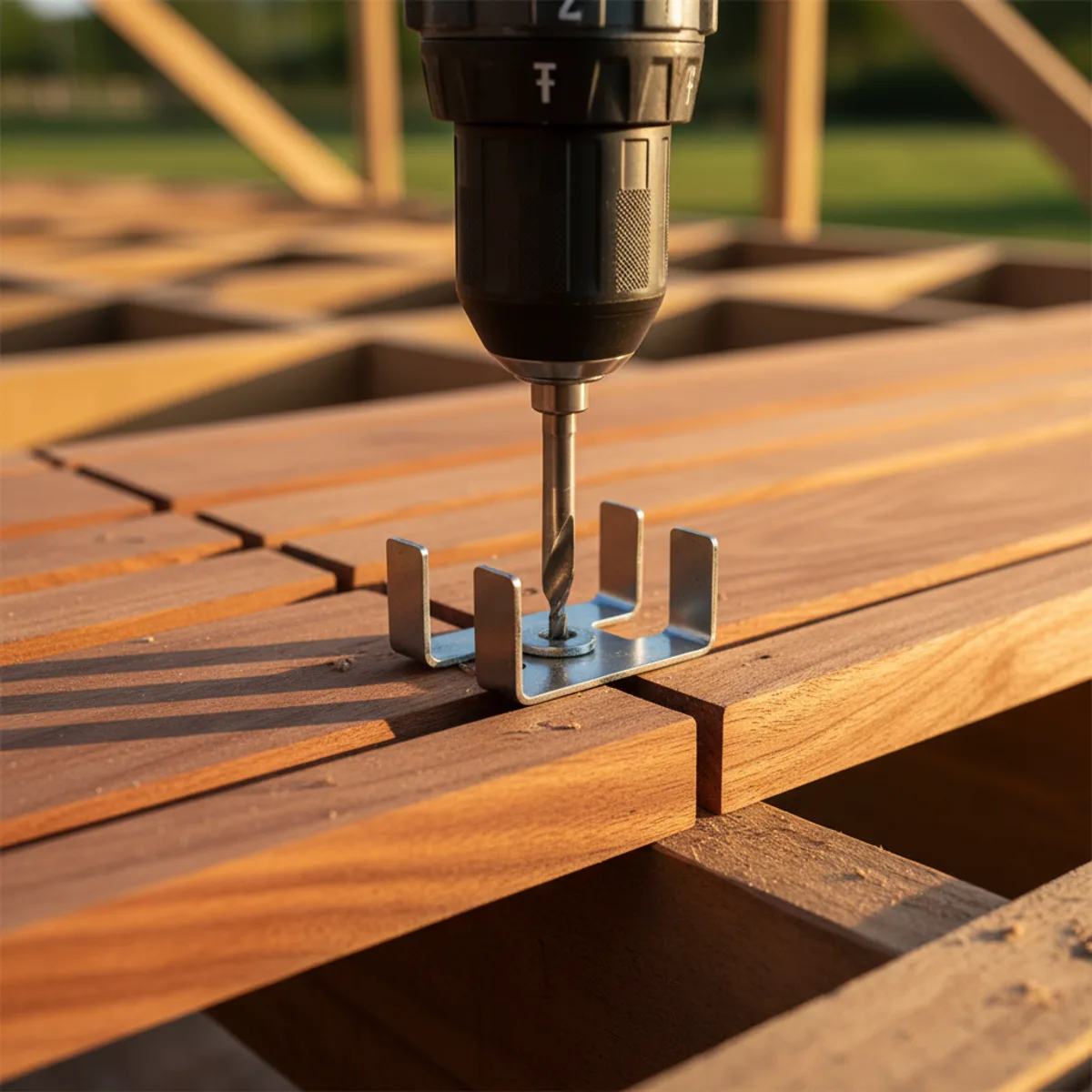 Stainless steel hidden deck fastener clip installed between grooved hardwood boards