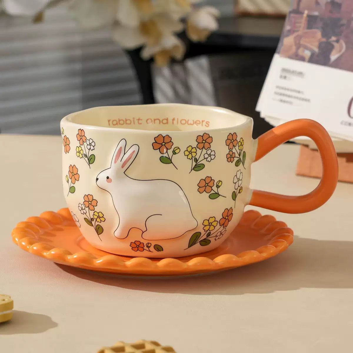 Set plato + mug naranja conejito