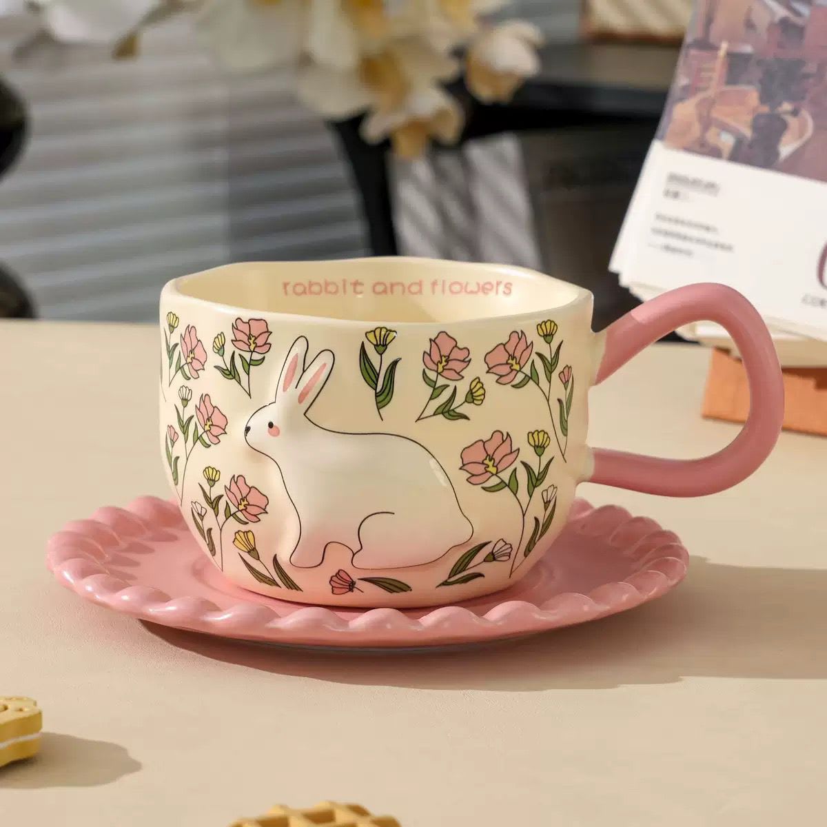 Set plato + mug rosa conejito