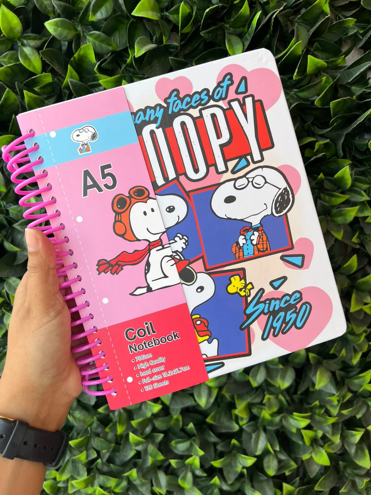 Cuaderno 5 materias Argollado Snoopy Rosado