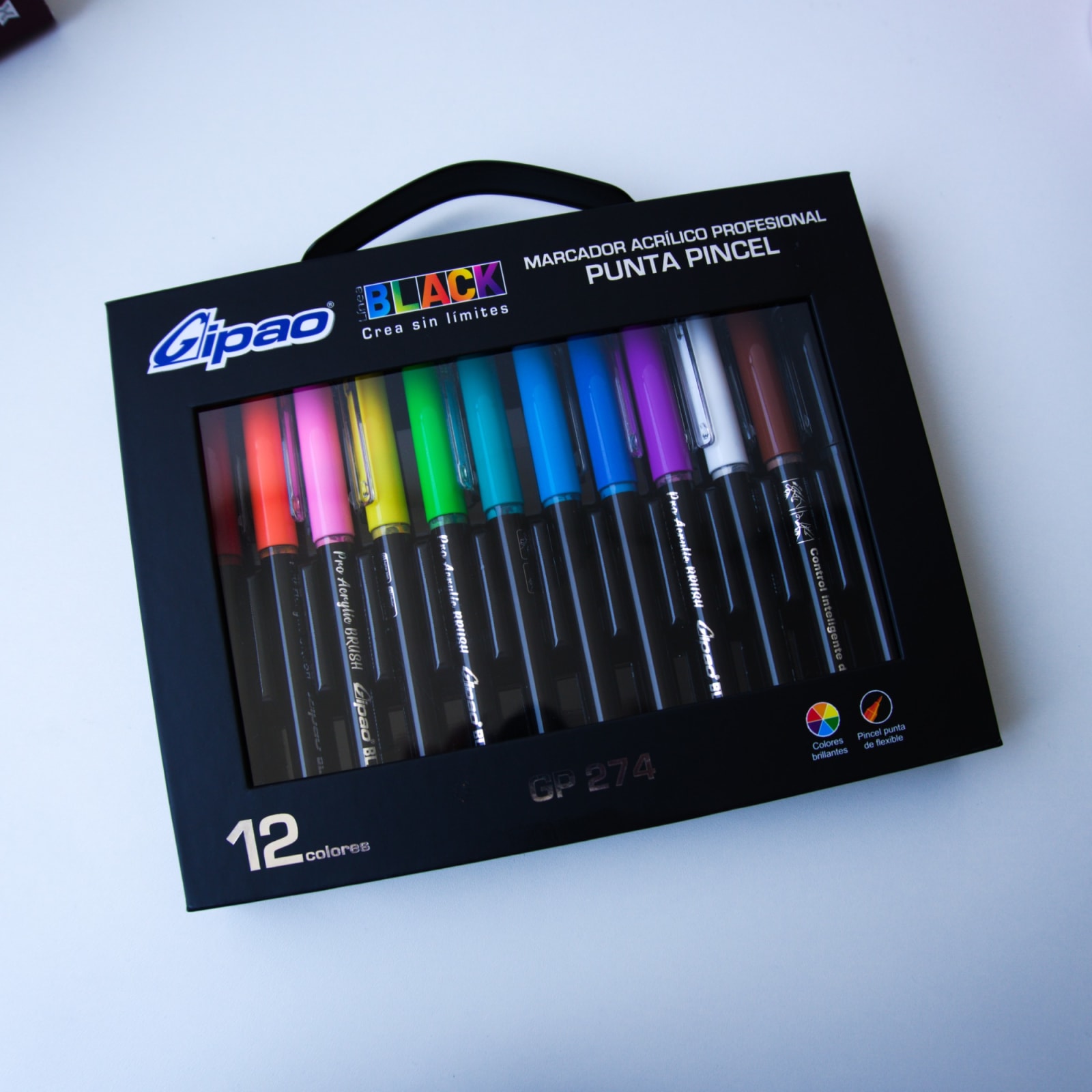 Set en caja de marcadores acrílicos GIPAO punta pincel profesional 12 colores