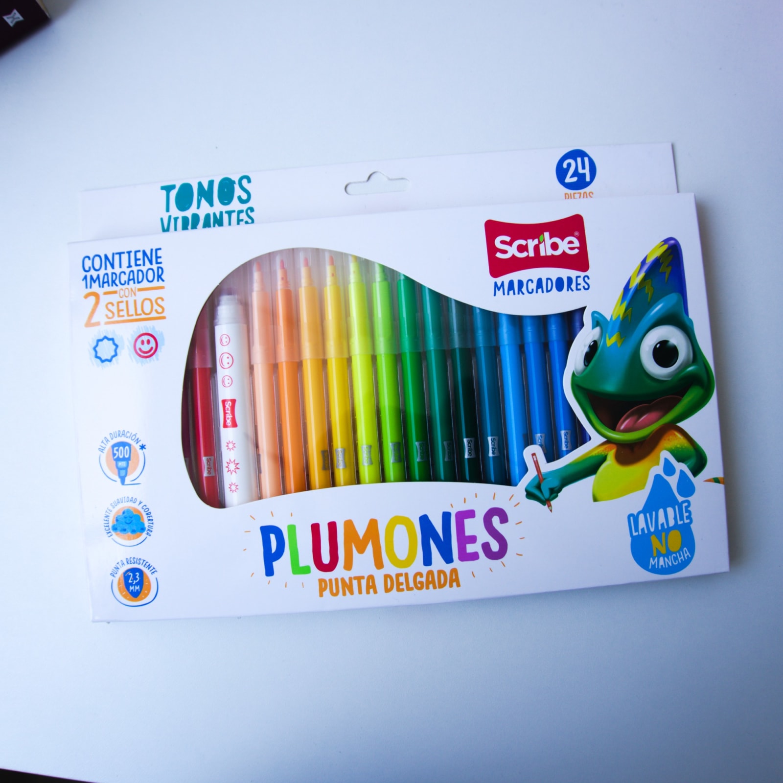 Set de plumones SCRIBE punta delgada 24 colores más sello doble punta