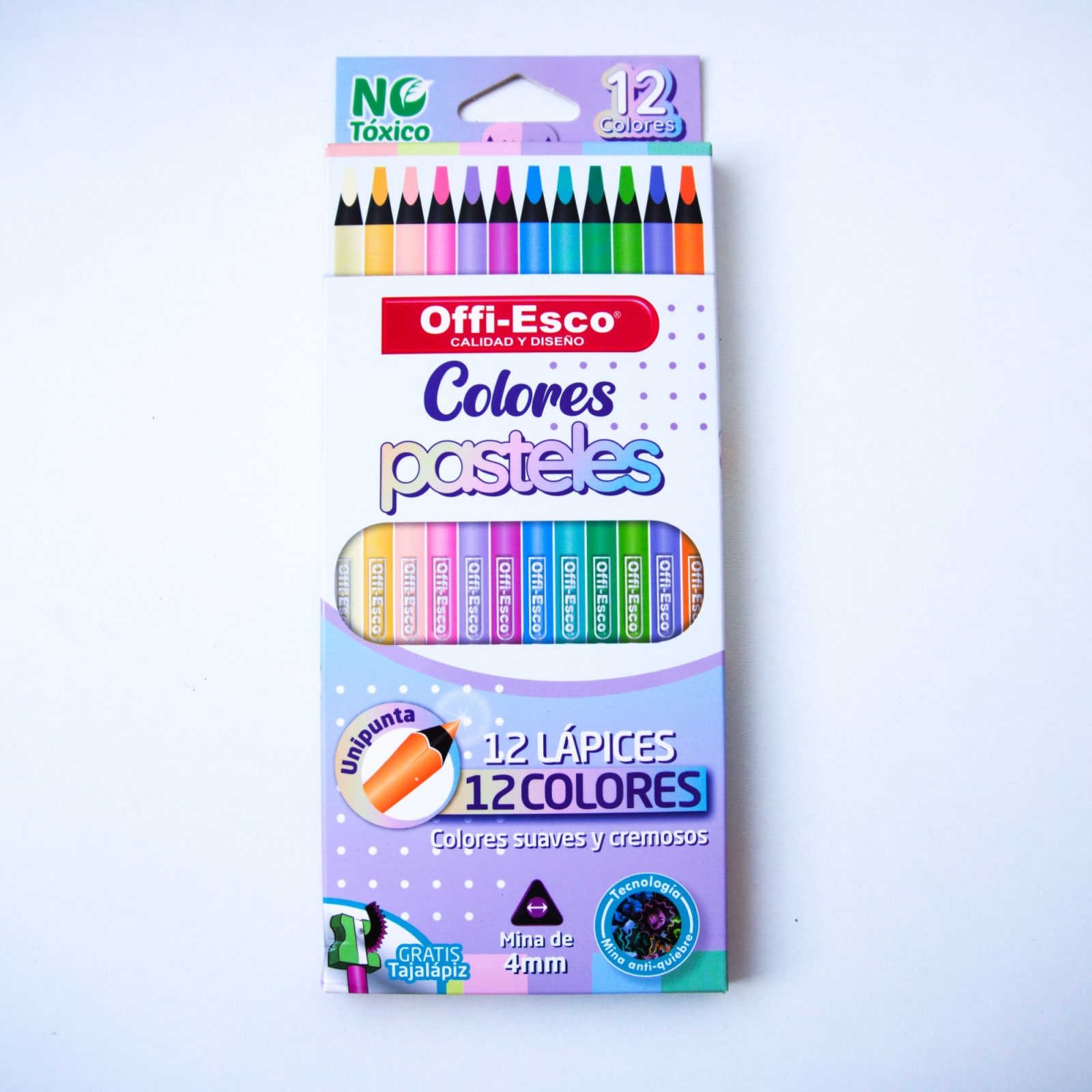 Set de colores triangulares Offi-Esco 12 colores pastel incluye tajalápiz