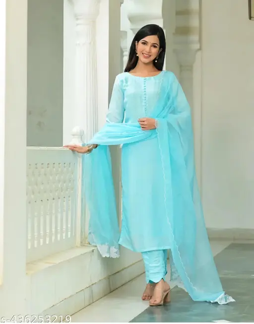 Sky Blue Cotton Kurti with Pants