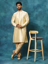Men's Gold Beige Jacquard Kurta Set