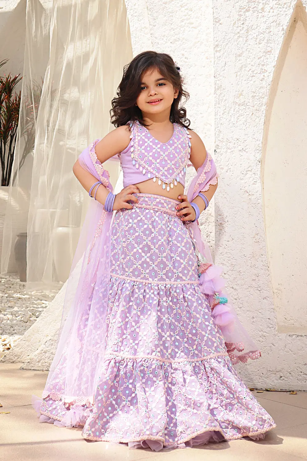 Kids’ Lilac Mirror Work Lehenga