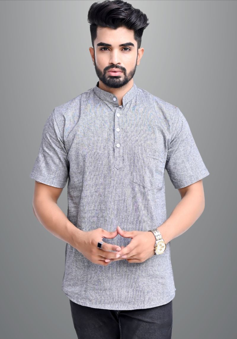 Ash Grey Cotton Men's Short Kurta