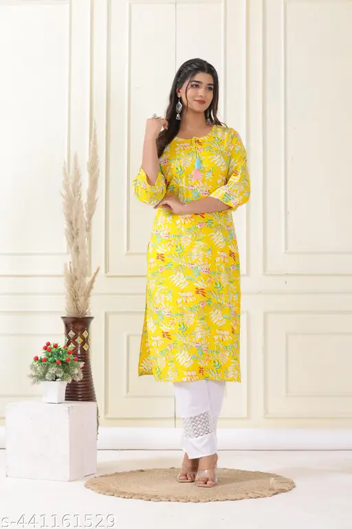 Lemon Yellow Printed Summer Kurti