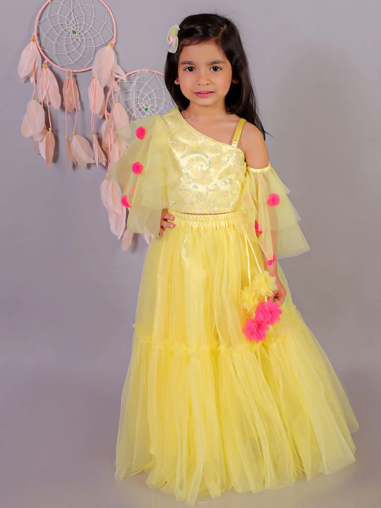 Kids' Bright Yellow Embellished Lehenga