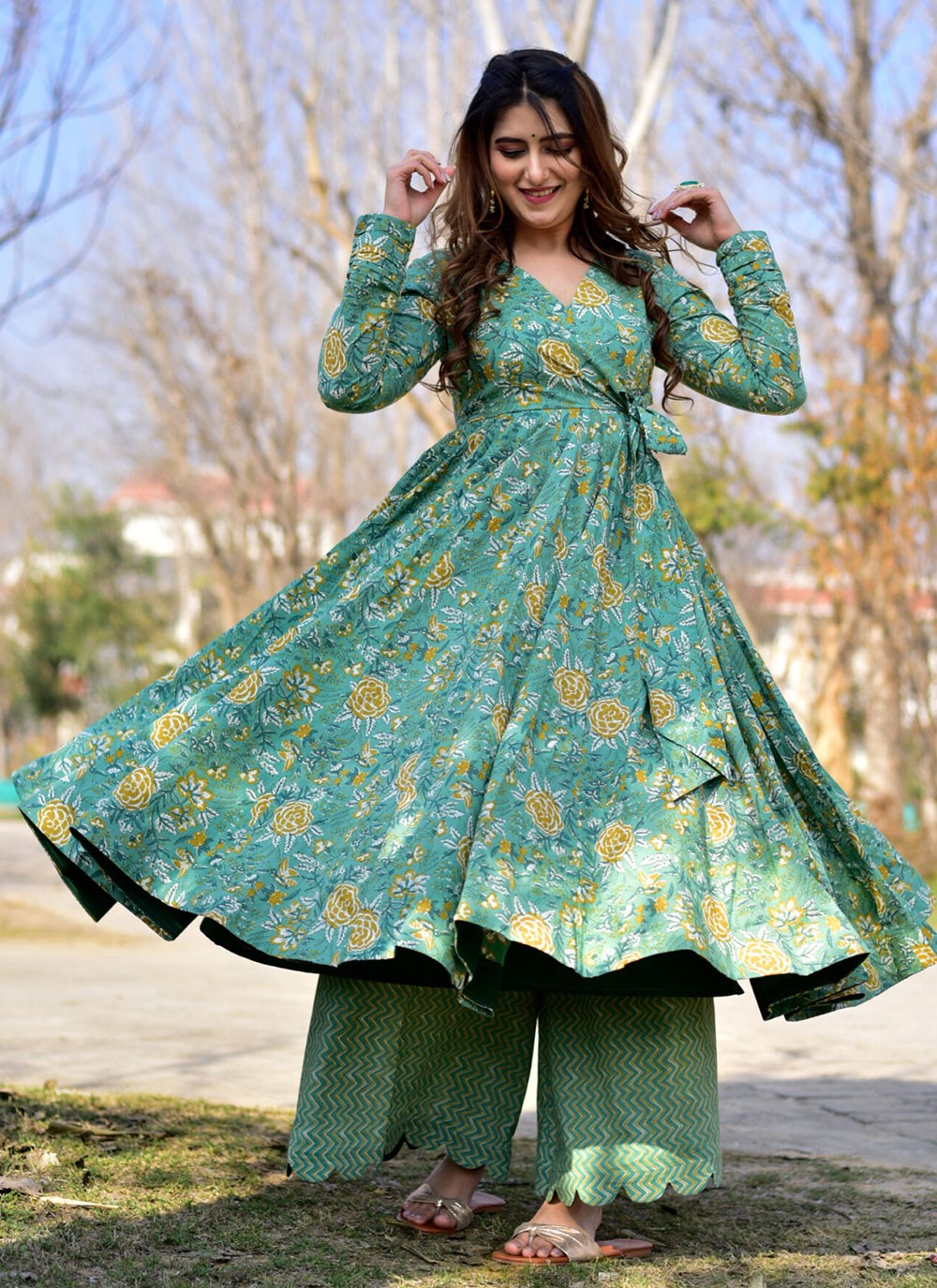 Turquoise Printed Cotton Casual Kurti