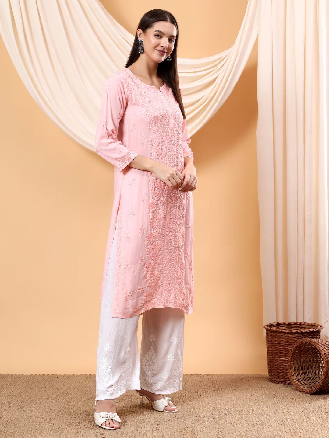 Pastel Peach Chikankari Straight Kurta