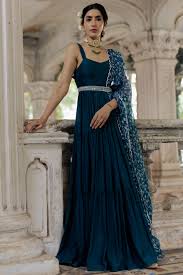Dark Teal Layered Anarkali with Dupatta