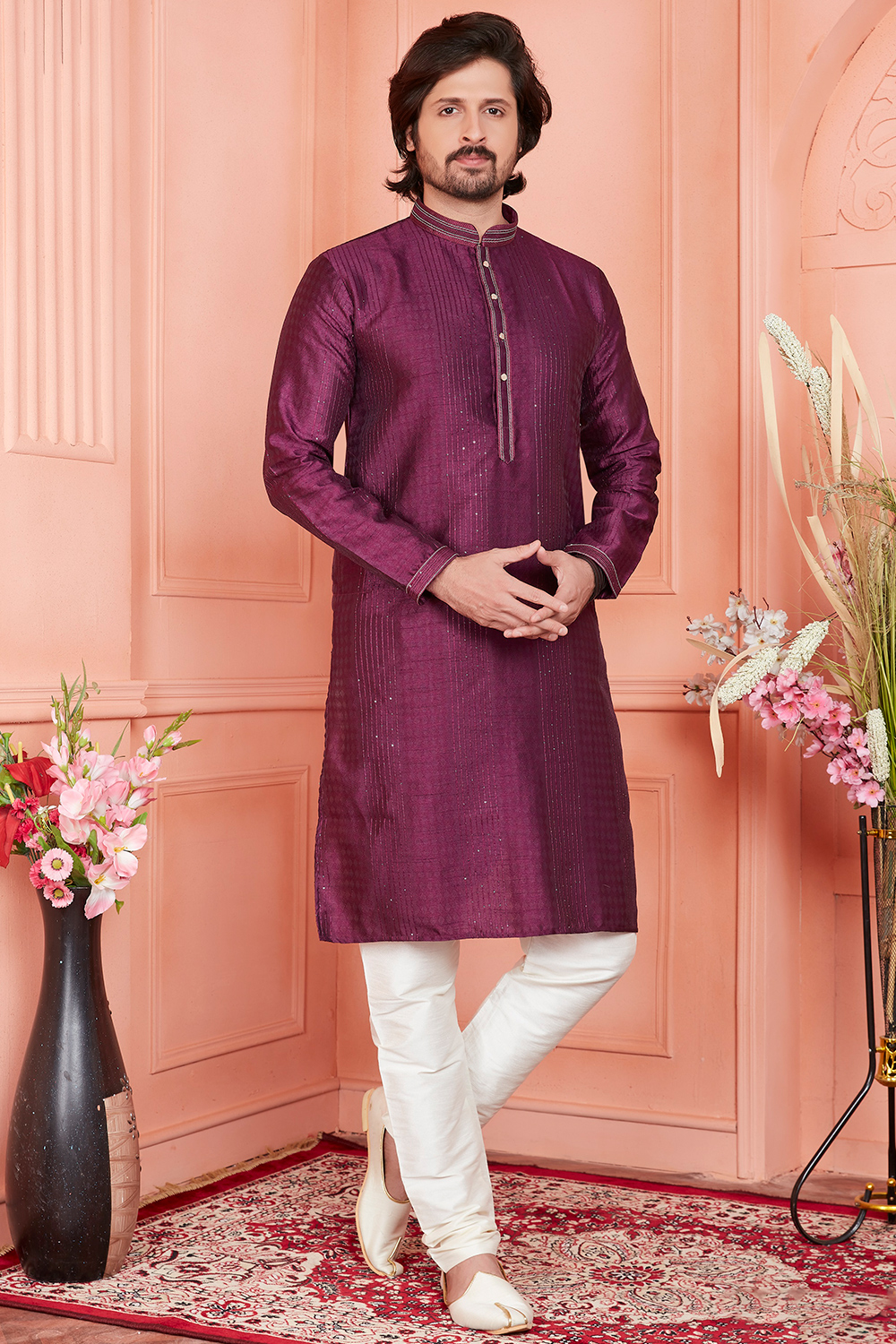 Men's Maroon Silk Blend Kurta with Churidar