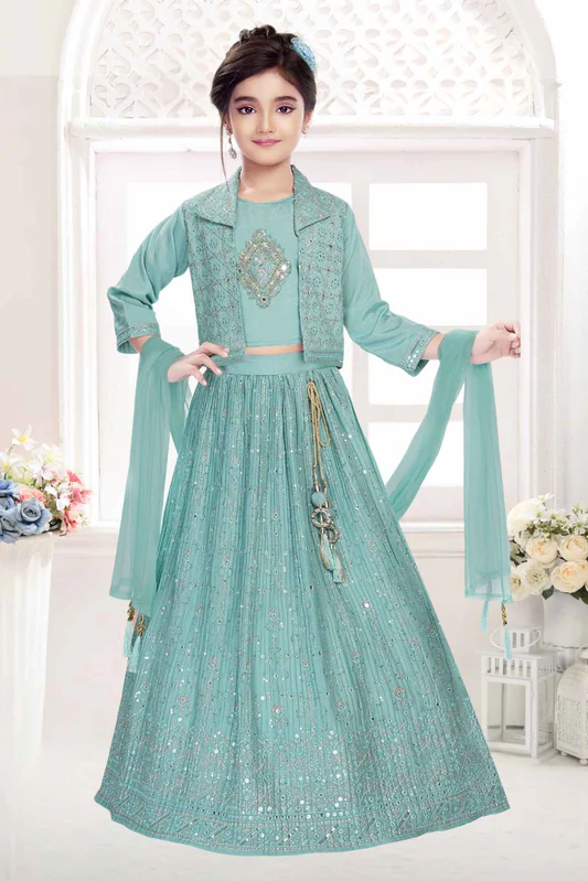 Kids’ Mint Blue Sequin Embroidered Lehenga