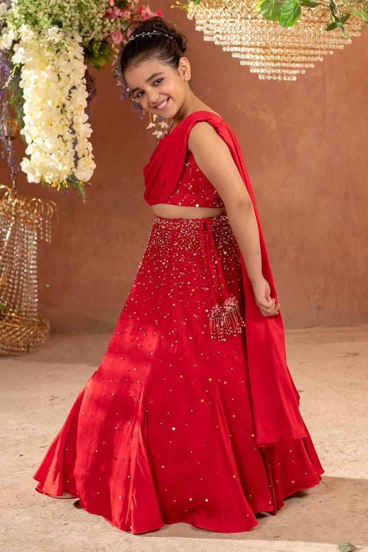 Kids’ Bright Red Mirror Embellished Lehenga