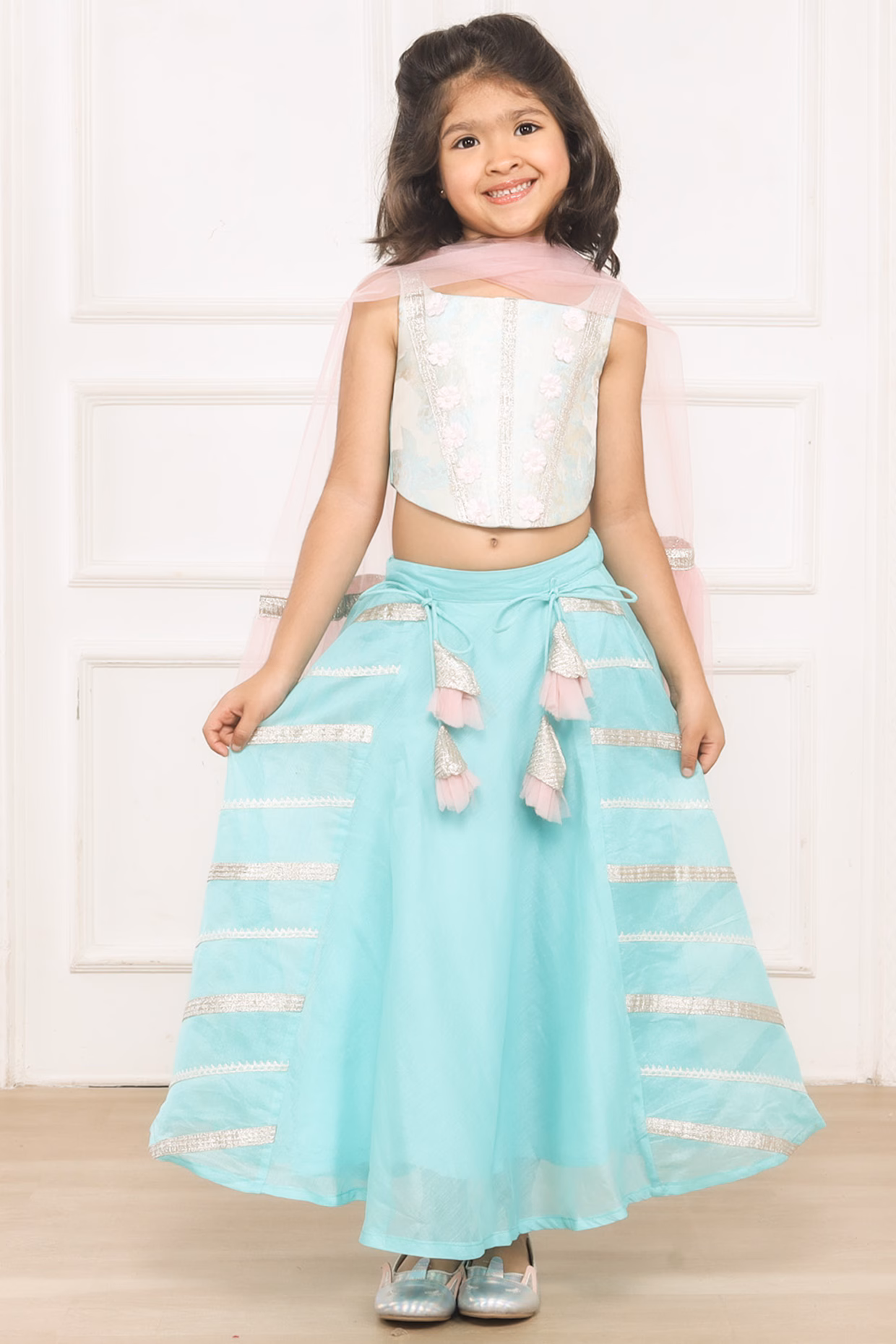 Kids’ Sky Blue Gotta Patti Lehenga Set