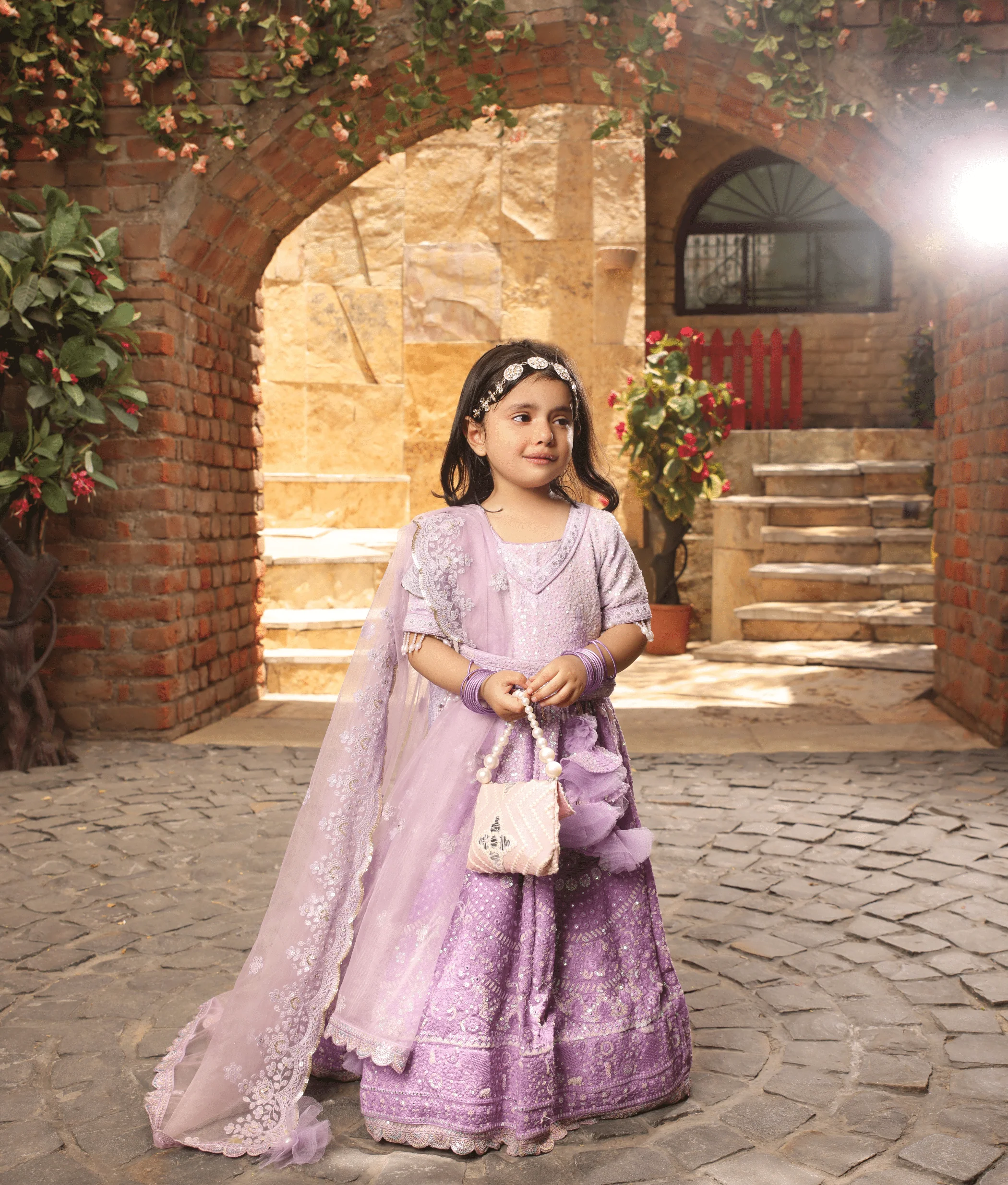 Kids’ Lavender Layered Lehenga Set with Gotta Patti